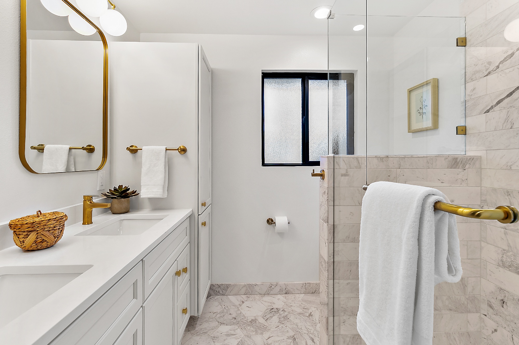 seattle bathroom remodel with brass accents