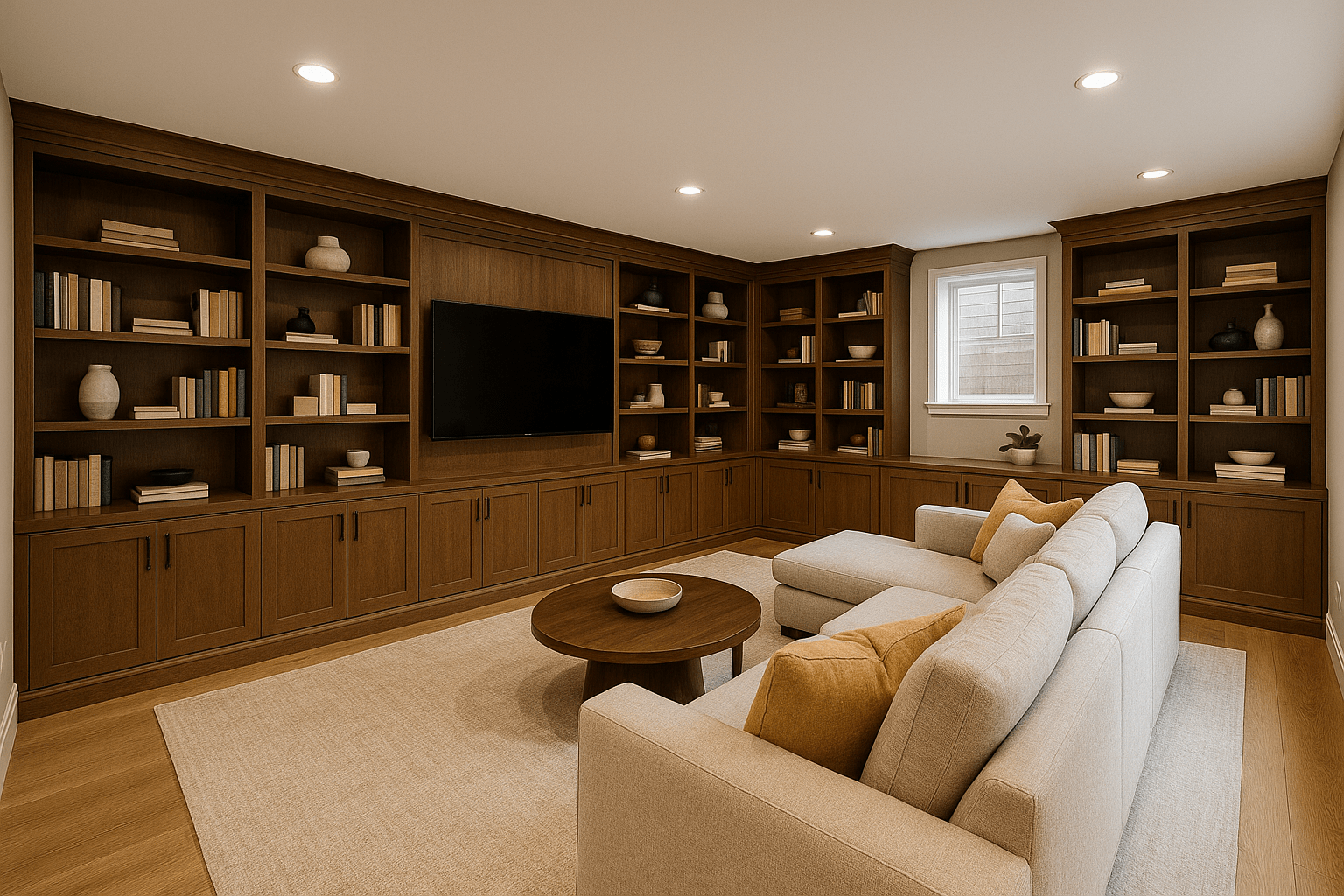 Basement Remodel with Built-in Bookshelves-min